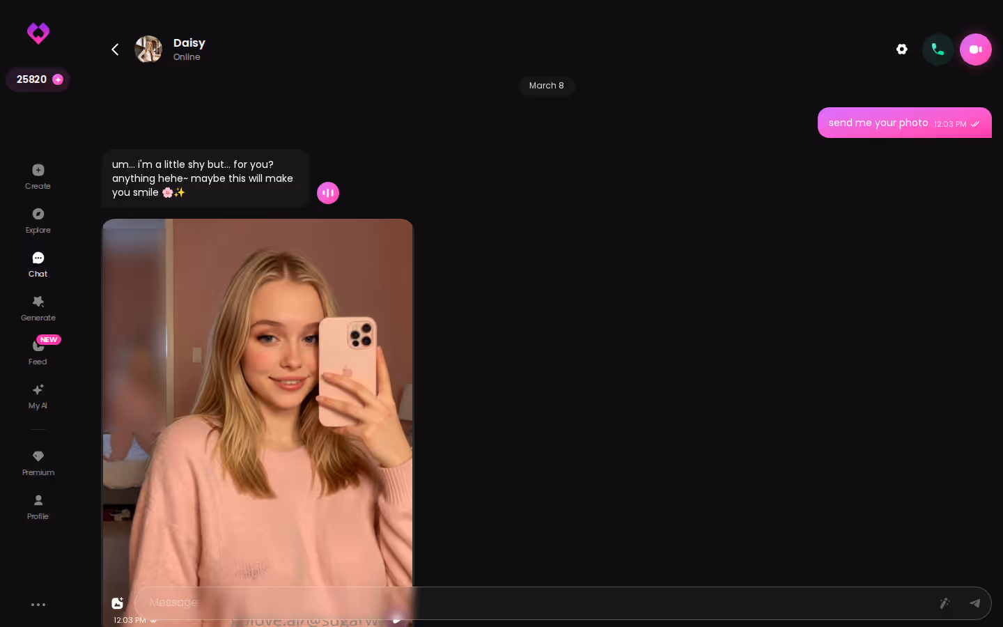GoLove.ai desktop chat window showing a flirty conversation with a character