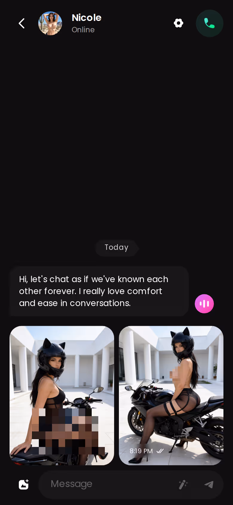 Mobile GoLove.ai chat thread with a realistic character replying in context