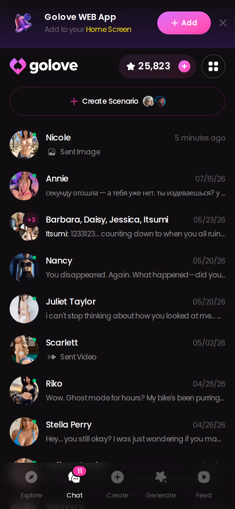 GoLove.ai mobile Chat tab listing conversations with last-message previews