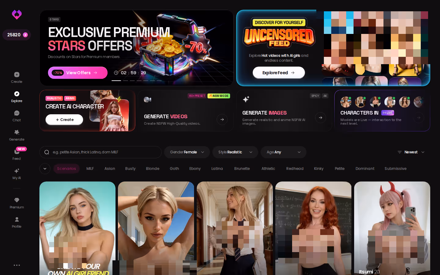 GoLove.ai Explore grid with tag chips above the realistic character roster