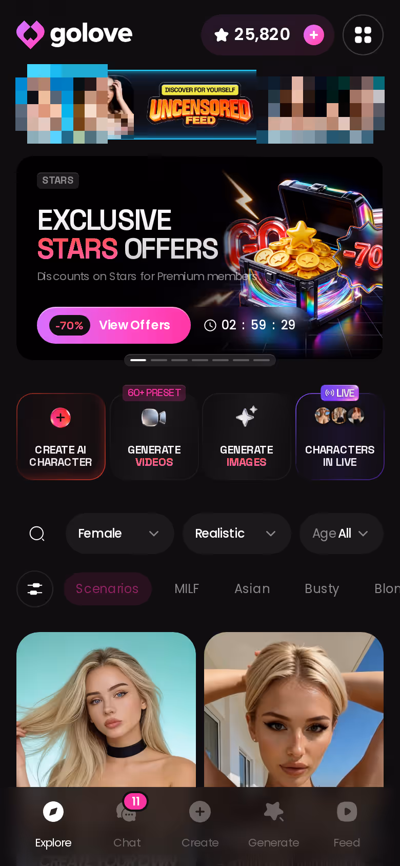 GoLove Explore grid on mobile, realistic characters