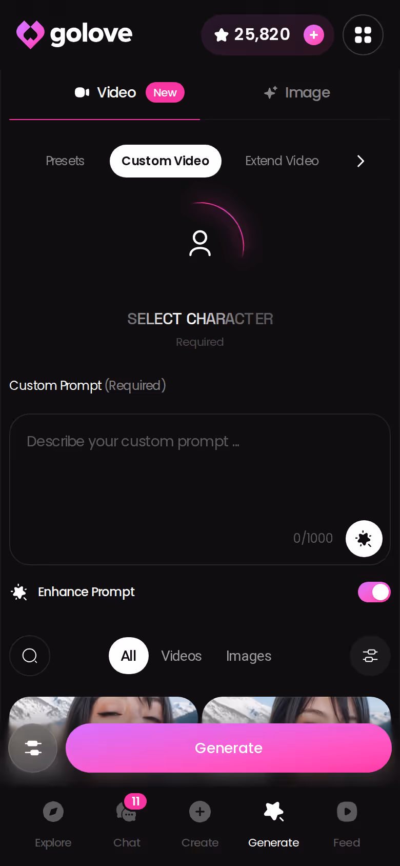 GoLove video generator on mobile with preset cards selected