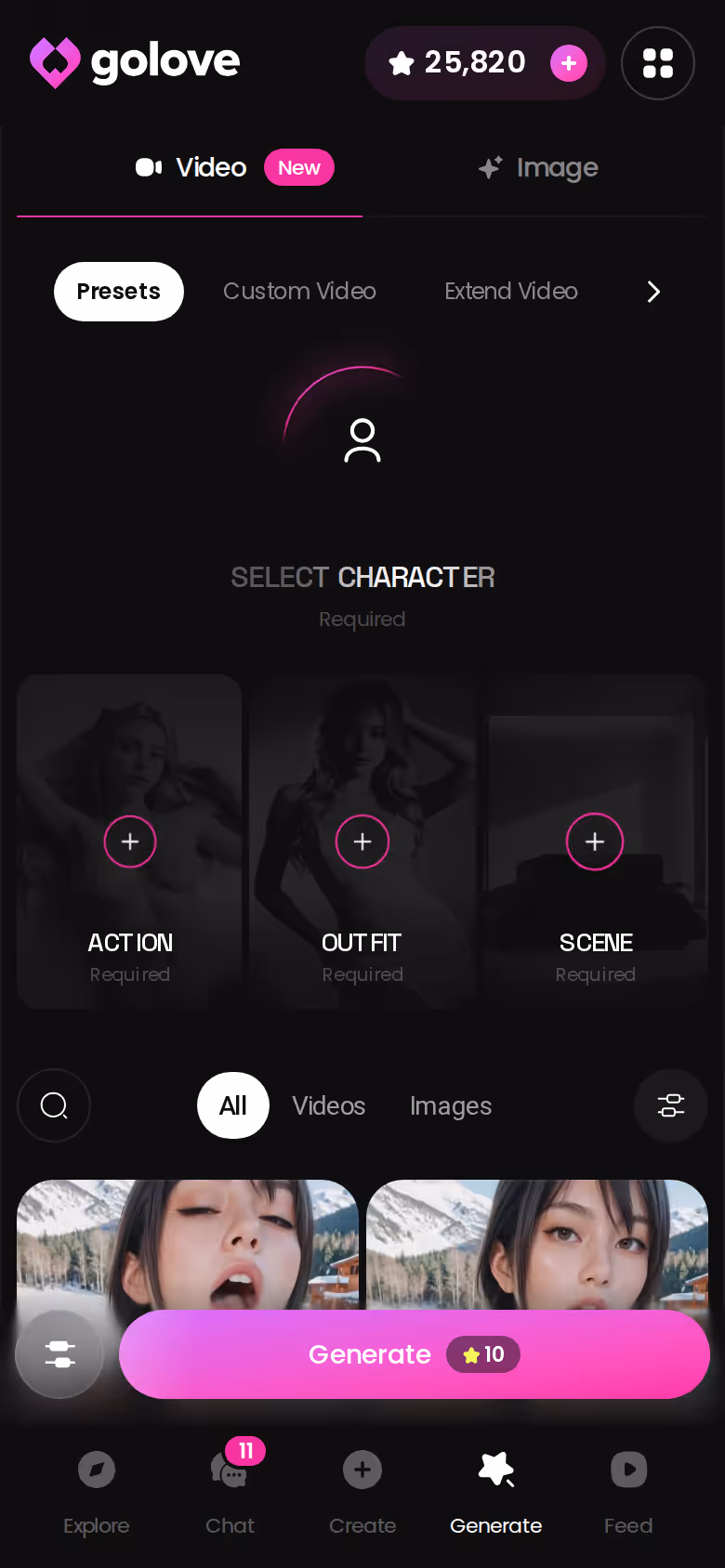 GoLove Generate hub on mobile showing the Image and Video entry points